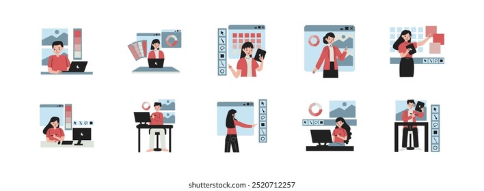 Designer Character flat illustration set. Include of graphic, project, creative, and innovation. Vector illustration isolated transparent background