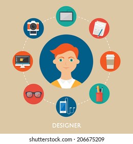 Designer, character illustration, icons. Vector flat style