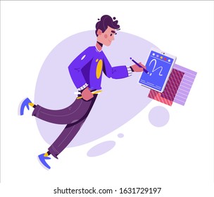 Designer character. Illustrator or digital artist. Cartoon vector illustration. Creative occupation. Levitating person with work tools. Workspace concept