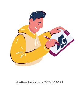 Entwurf des Designerzeichenskizzen-Konzepts auf einem digitalen Tablet. Kreative Designer-Zeichnung Ideen, raue Linien, visuelles Denken, frühen Designprozess, Cartoon Vektorgrafik