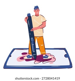 Personaje de diseño de pie en la tableta digital con lápiz digital gigante. Concepto de diseñador gráfico, proceso de ilustración digital, trabajo creativo, profesión de diseño moderno, Ilustración vectorial de dibujos animados.