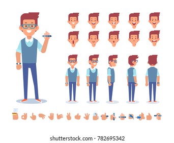 Designer character for your scenes. Front, side, back, 3/4 view. Creation set with various views,  face emotions, gestures and poses. Flat vector illustration.