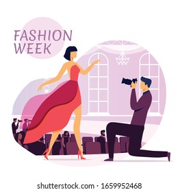 Designer Clothes Presentation Social Media Banner. Man with Camera and Top Model Cartoon Characters. Fashion Week Poster Template. Woman Posing for Photographer Vector Illustration with Typography