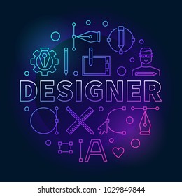 Designer colored vector round illustration in outline style on dark background