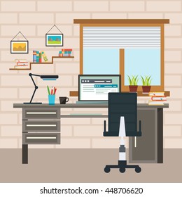 Designer colored working place composition with work desk and chancellery of required vector illustration