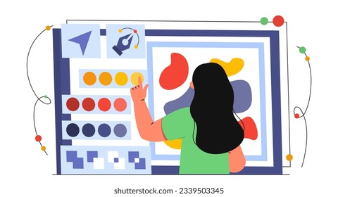 Designer with colors concept. Woman and young girl near pallette. Graphic designer and freelancer. Earnings on Internet, design development for programs and apps. Cartoon flat vector illustration