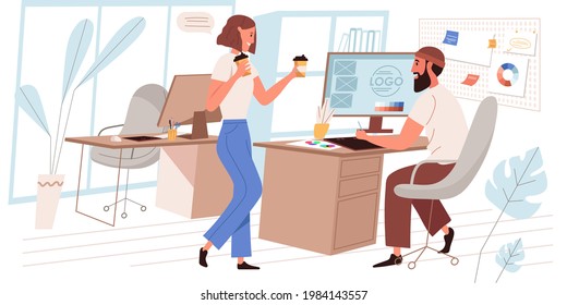 Concepto web de empresa de diseño en estilo plano. Empleados en la pausa para el café. Colaboración y trabajo en equipo en la oficina de coworking. Escena de actividades de personajes. Ilustración vectorial para la plantilla de sitio web