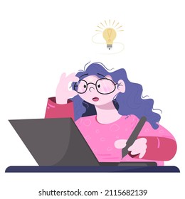 Designer at the computer, at work. An idea came up. vector poster