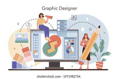 Designer concept. Advert designer or graphic illustrator. Artist creating modern advertisment. Digital drawing for product design concept. Flat illustration vector