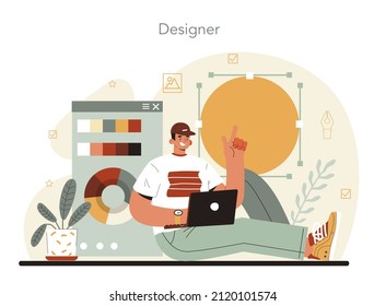 Designer concept. Art director working on media content. Creative process, digital drawing and design for product promotion. Flat illustration vector - Shutterstock ID 2120101574