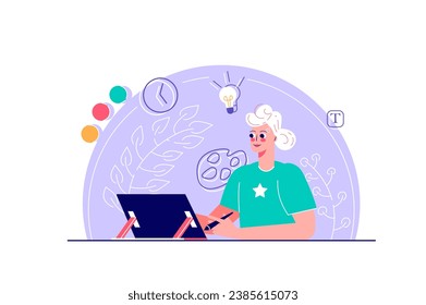 Designer concept with people scene in the flat cartoon style. A young designer draws her ideas on a tablet, which she then turns into a real project. Vector illustration.