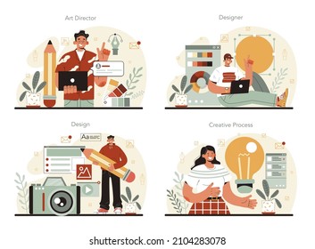 Designer Concept Set. Art Director Working On Media Content. Creative Process, Digital Drawing And Design For Product Promotion. Flat Illustration Vector