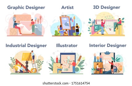 Designer concept set. Graphic, 3d, interior, industrial designer, illustrator, artist. Collection of hobby and modern profession. Isolated vector illustration in cartoon style