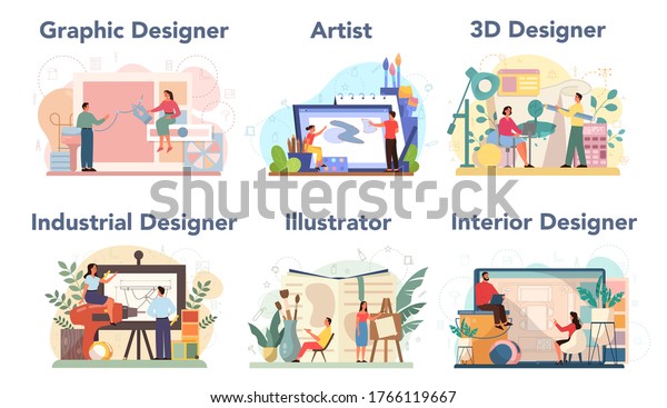 Designer\
concept set. Graphic, 3d, interior, industrial designer,\
illustrator, artist. Collection of hobby and modern profession.\
Isolated vector illustration in cartoon\
style