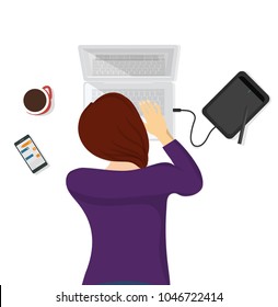 designer, the concept of social networking, freelancing, work at home, work at a computer, students. flat vector illustration.
