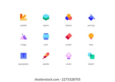 Concepto de diseño de iconos web establecidos en diseño plano de color. Paquete de paleta, capa, balance, vertido, imagen, impresión, borrador, idea, tipografía, pipeta, esbozo y otros. Pictogramas vectoriales para aplicación móvil