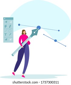 The designer creates a vector image. The girl is working on a design project. Freelance, artist, design.