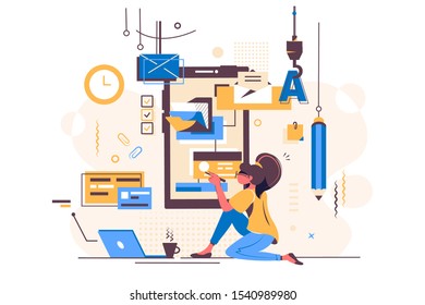 Designer creating new project vector illustration. Woman specialist building website page on big smartphone flat style design. Web development concept