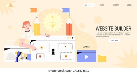 Designer creating website page or template from different digital elements. Concept of turnkey or online website builder Creative design studio.