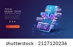 Designer, creator of an individual design of user interface scenes for a mobile UI,UX application. Blue neon design of mobile applications. Smartphone layout with active blocks and connections. Vector