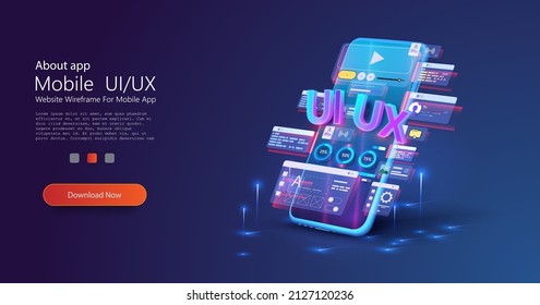 Designer, creator of an individual design of user interface scenes for a mobile UI,UX application. Blue neon design of mobile applications. Smartphone layout with active blocks and connections. Vector - Shutterstock ID 2127120236