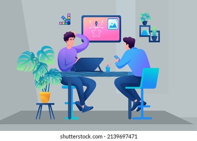 Designer and the customer discuss the sketch. Brainstorming. Collaboration, Edits from the customer. Freelance. Concept of web design.