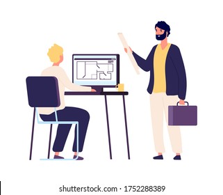 Designer and customer. Flat man with project, architect work with appartment plan. Design studio worker vector illustration