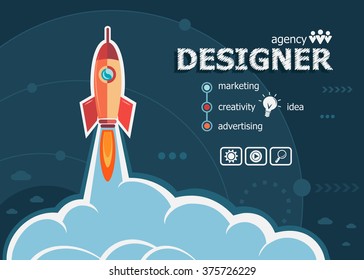 Designer design and concept background with rocket. Designer concepts for web banner and printed materials.
