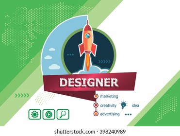 Designer design concepts for business analysis, planning, consulting, team work, project management. Designer concept on background with rocket. 