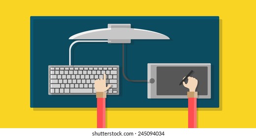 designer desk with computer tablet and keyboard. vector