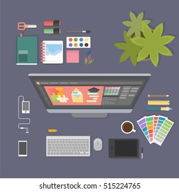 Designer desk mockup. Desk with computer screen, tablet and drawing tools.