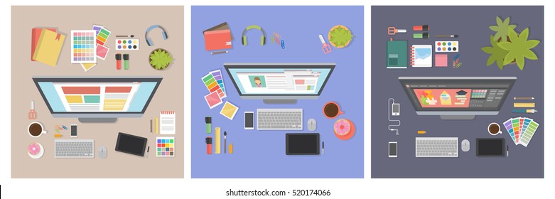 Designer desk mockup set. Desk with computer screen, tablet and drawing tools.