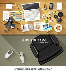 Designer desk photographer, collections of flat design of computer, camera and camera lens, Designers are resting concept, Equipment used for design, Top view of desk background, vector illustration