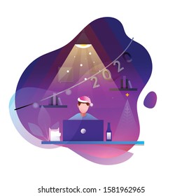 Designer, developer celebrating New year 2020 on his computer while working. Christmas night with computer and drink isolated on white background. Flat cartoon vector illustration.