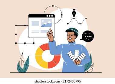 Designer developing new project. Guy chooses image and color for website or application. Young man creates user interface design or template for digital product. Cartoon flat vector illustration.