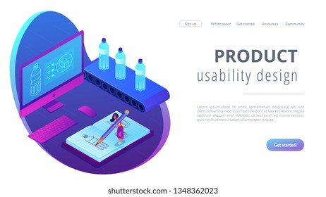 Designer drawing bottle blueprint, computer project and mass production. Industrial design, product usability design, ergonomics development concept. Isometric 3D website app landing web page template
