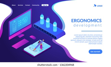 Designer drawing bottle blueprint, computer project and mass production. Industrial design, product usability design, ergonomics development concept. Isometric 3D website app landing web page template