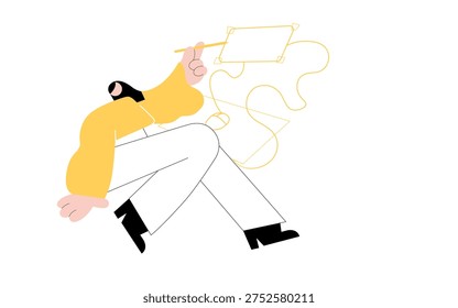 Designer Drawing Creative Puzzle Concept, Flat Vector Illustration