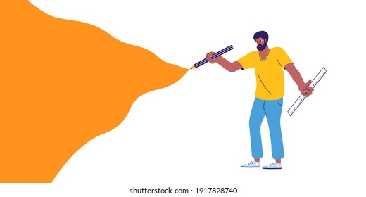 Designer drawing an orange wave with pencil and ruler in hands. Creative illustration in flat design style.