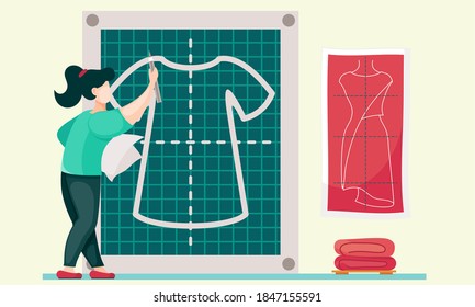 Designer is drawing a pattern. Female dressmaker is planning future clothes. Girl outlines a sketch for a dress and. Custom tailoring for clients. Woman with a pencil isolated on white background
