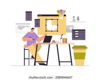 Designer-Zeichnung mit Stift in Grafik-Editor man erstellt Website-Benutzeroberfläche arbeitet am Design der Webseite