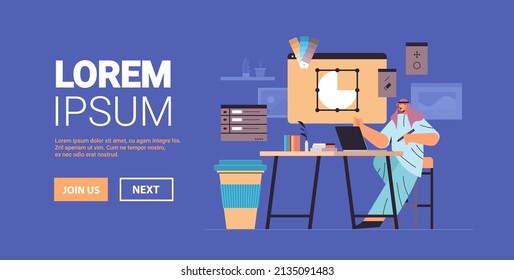 designer drawing with pen in graphic editor arabic man creating website user interface working on the design of web page