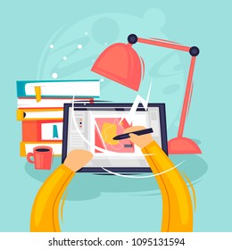 El diseñador se basa en la tableta, el escritorio. Ilustración vectorial de diseño plano.