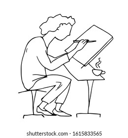 The designer draws on the tablet. Line art. Vector illustration.