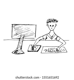 Designer draws on a tablet. Sketch. Vector illustration.