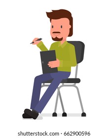 The designer draws using a graphic tablet. Vector illustration, a flat style design. Isolated on a white background.