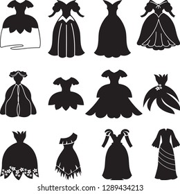 Designer dresses for princesses from cartoons. Silhouettes of dresses in black and white. Made in the vector.