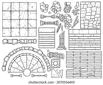 Designer for dungeon game maps with a top view, it has a lot of stone slabs of steps, columns, debris and stairs, painted in a minimalistic 2d style, many items are in broken condition