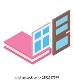 Icono de educación del diseñador vector isométrico. Puerta de entrada, ventana y libro de papel. Aprendizaje, formación, educación