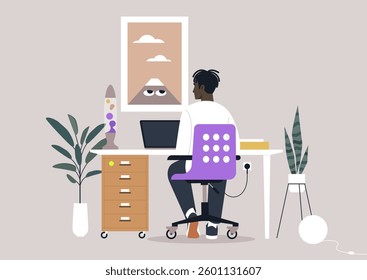 A designer engages with a laptop in a stylish workspace, surrounded by plants and unique decor, reflecting a blend of creativity and tranquility in a modern office environment